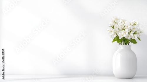 A white ceramic vase with blooming white flowers on a minimalist white surface, bright and airy composition, and simple and elegant home decor.