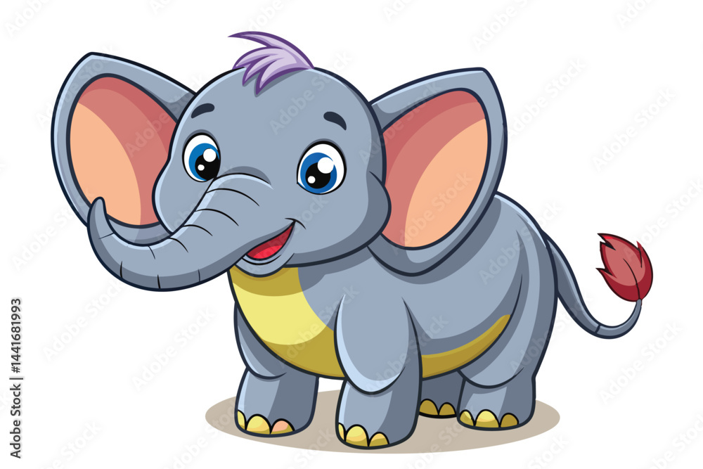 Naklejka premium A cute cartoon elephant smiles widely, showcasing its big ears and playful stance, with vibrant colors and a joyful demeanor, appealing to young audiences.