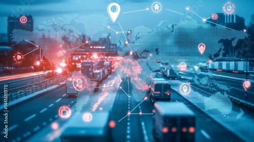 Traffic management technology urban environment digital illustration night scene aerial view connectivity in transportation