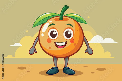 A happy cartoon orange character with green leaves smiles widely while standing on a sandy ground beneath a light-colored sky with fluffy clouds.