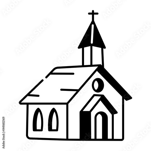 A hand drawn icon of a church building 
