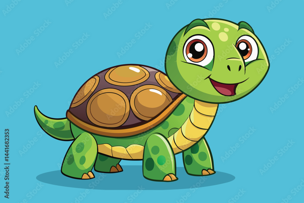 Fototapeta premium A cheerful cartoon turtle stands out against a bright blue background, displaying its wide eyes and playful expression, embodying joy and friendliness.