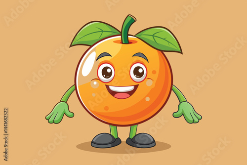 A vibrant cartoon character representing an orange stands happily with green arms and a bright smile, surrounded by a simplistic light brown background.