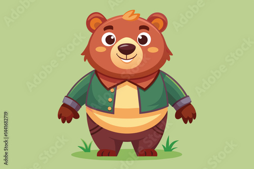 This playful bear character stands proudly with a friendly expression, dressed in a green jacket, and surrounded by simple grass, ideal for engaging children's content.