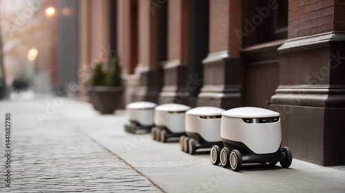 Autonomous delivery robots parked on a city sidewalk, urban delivery service