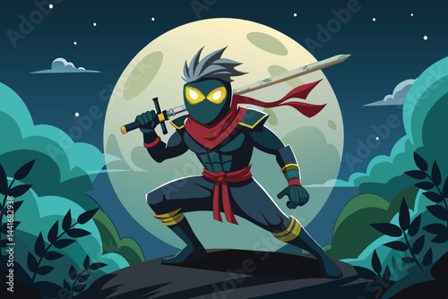The ninja, dressed in a black outfit with a red scarf and glowing eyes, prepares for a mission in a colorful nighttime setting, surrounded by trees and a bright moon.