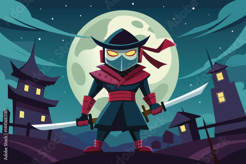 A ninja poses heroically at night, holding dual swords, surrounded by shadowy mountains and traditional buildings, illuminated by a large full moon.