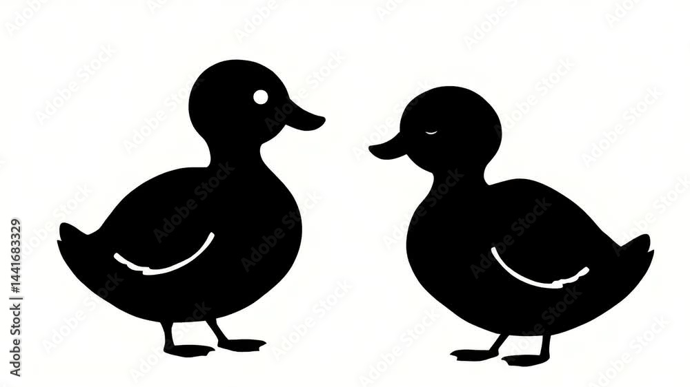 Two cute ducklings face each other in a simple black silhouette.