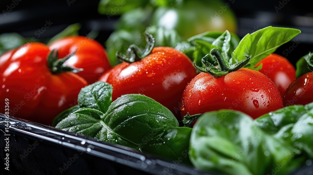 Fresh tomatoes and basil in a container. Close-up view of plump, wet tomatoes surrounded by fresh basil leaves. Vibrant red tomatoes and green basil, suggesting a healthy and delicious meal Fresh tomatoes and basil in a container. Close-up view of plump, wet tomatoes surrounded by fresh basil leaves. Vibrant red tomatoes and green basil, suggesting a healthy and delicious meal