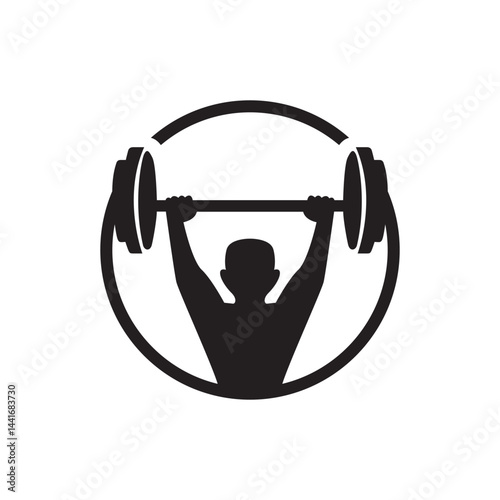 Silhouette of sportsman in lifting position with heavy barbell