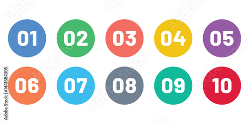 Bullet Points info markers, circle icon bullet points set. Number 1 to 10 flat design, isolated vector illustration.