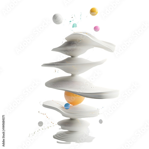 Abstract 3D Render: Floating White Forms, Colorful Spheres, Dynamic Design