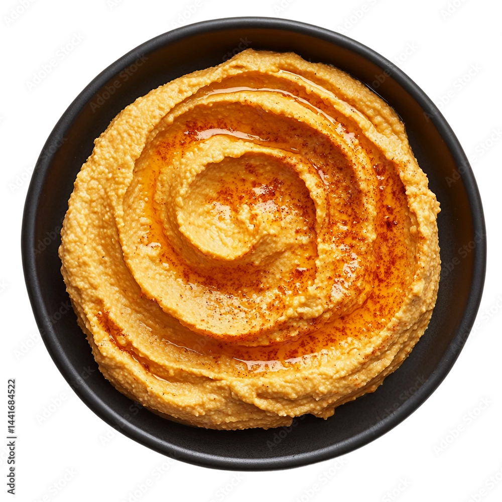 Fototapeta premium Creamy orange hummus presented in a circular swirl on a black plate [Transparent Background PNG]. 