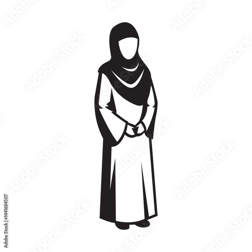 Silhouette vector illustration of a Muslim woman wearing traditional Islamic clothing and hijab