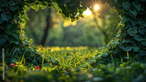 Romantic heart-shaped arch made of green leaves and vines standing on lush grass with sunlight filtering through foliage, creating enchanting outdoor scene perfect for love and nature themes.
