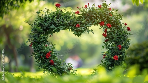 Heart-shaped wreath of green leaves and red flowers in sunlit park, surrounded by lush trees and blurred figures, symbolizing love, nature's beauty and joyful harmony with the environment.