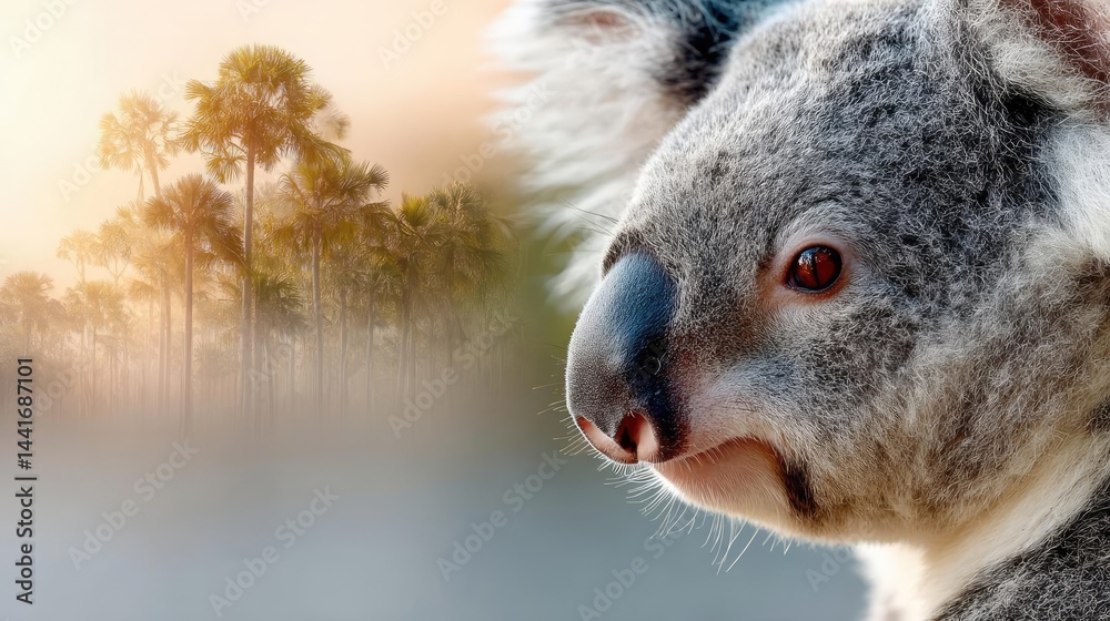 Obraz premium Double exposure koala with burning jungle in tropical animal concept. A close-up of a koala in a serene natural environment.