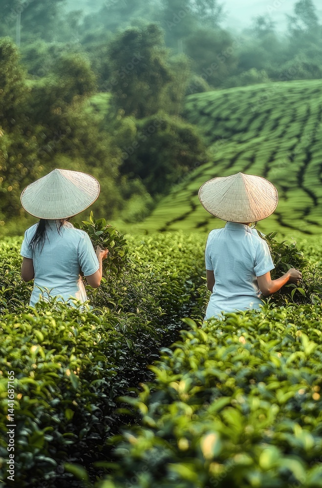 In the green tea fields of China, two women in white and light blue with hats were picking tea leaves on their backs. The distant view was rolling hills covered with lush tea trees.