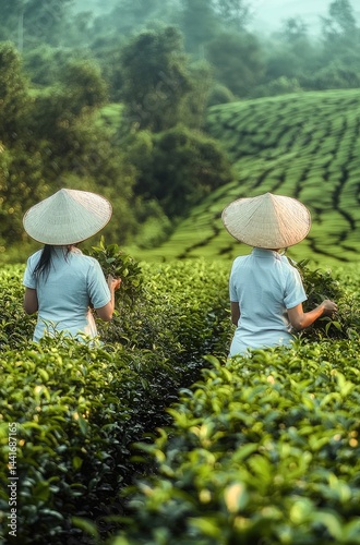 Obraz na płótnie In the green tea fields of China, two women in white and light blue with hats were picking tea leaves on their backs. The distant view was rolling hills covered with lush tea trees. w salonie