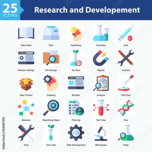 Research and Developeme is a collection of icons in sheet format illustrating scientific innovation, technology research, and the integration of digital tools and time management.	
