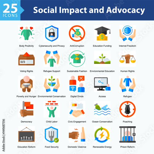 Social Impact & Advocacy is a collection of icons in sheet format illustrating global social issues, human rights movements, and sustainability campaigns supporting positive societal change.	