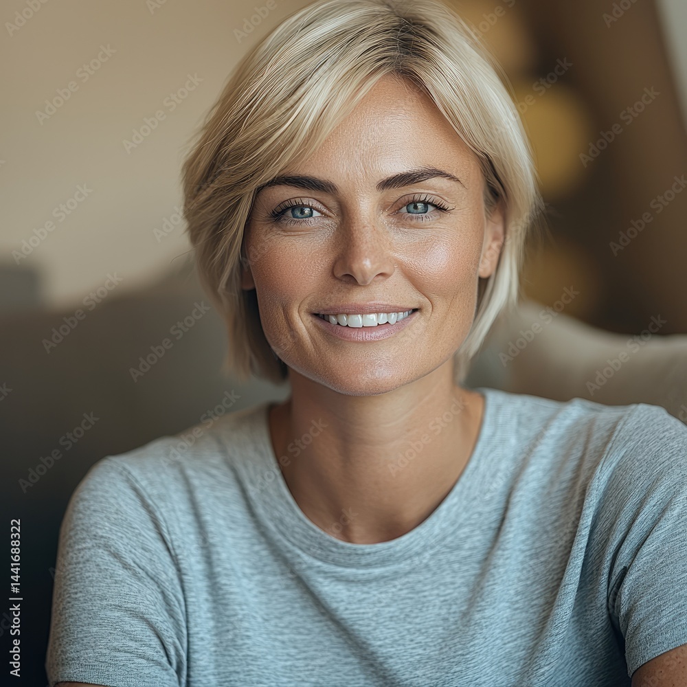 A professional portrait of a smiling middle-aged woman with a confident demeanor, sitting in a modern, well-lit interior.
