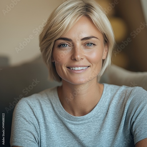 A professional portrait of a smiling middle-aged woman with a confident demeanor, sitting in a modern, well-lit interior.