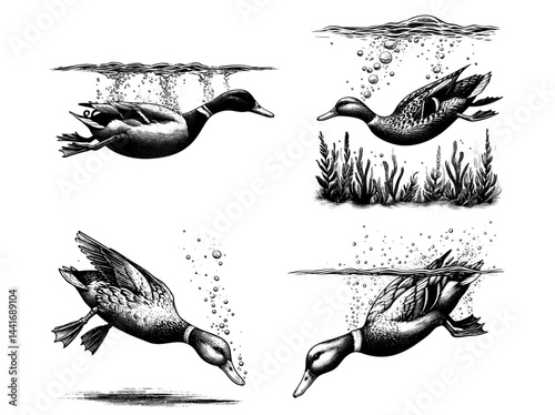 Vintage black and white ink illustration of a duck diving underwater, isolated on white background, rustic countryside farm style, detailed classic sketch.