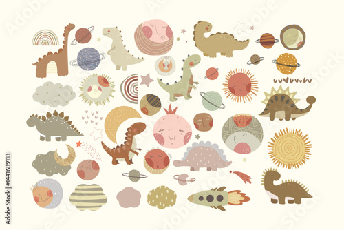 Big set with cute hand drawn dinosaurs, planets, stars, space sheap, clouds and moon. Vector illustrtion with diffferent cartoon planets and animals.