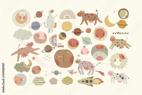 Big set with cute hand drawn cows, planets, stars, space sheap, clouds and moon. Vector illustrtion with diffferent cartoon planets and animals.