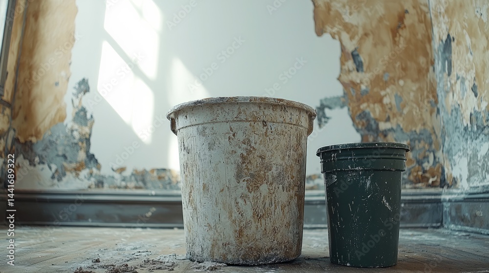 Indoor, a white wall being painted, The decoration style is old timeworn Chinese architecture a dark green paint bucket on the ground.