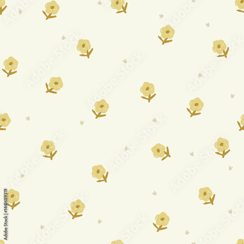 Seamless pattern with cute yellow flowers and hearts.Vector illustrtion with hand drawn flowers.