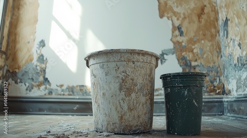 Obraz na płótnie Indoor, a white wall being painted, The decoration style is old timeworn Chinese architecture a dark green paint bucket on the ground. w salonie