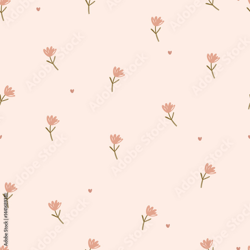 Hand drawn flowers and small cute hearts , seamless pattern .Vector illustration 