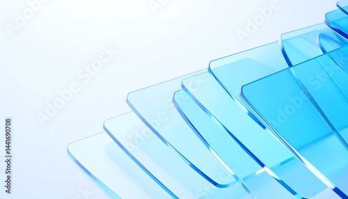 Abstract light blue 3d background with glass transparent square plates row. Crystal gradient curve wave line pattern. Futuristic architecture design, render digital tech banner.backgrounds, 