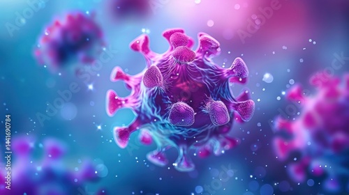 Close-up view of several purple and pink virus particles with spike proteins floating in a blue and purple blurred background