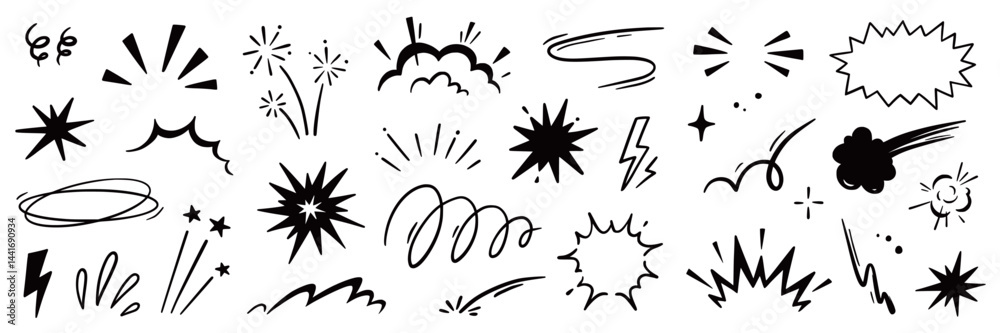 Line speed cartoon effect, boom explosive motion line element set. Comic boom burst, explosive smoke, line speed cartoon vector icon. Hand drawn sketch doodle action effect. Vector illustration