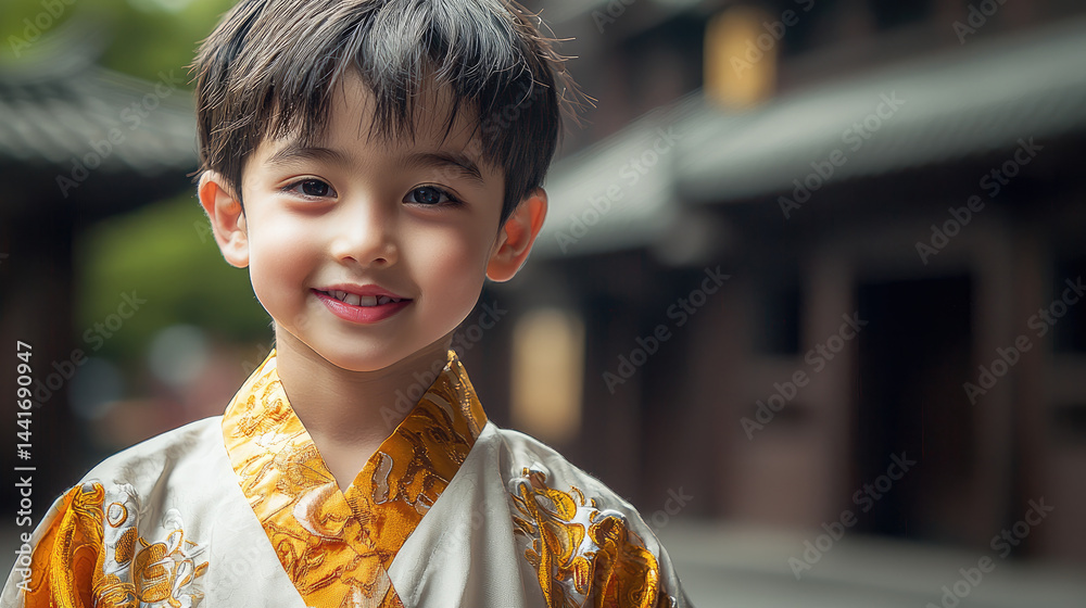 Young Asian boy in traditional cloth, joyful expression, soft dark background.