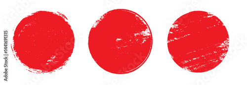 Japan circle red sun brush stamp watercolor paint shape sets. Hand drawn rough red Japanese flag circle shape ink brush stroke texture. Grunge asian rough badge element pack. Vector illustration