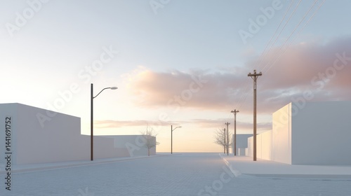 Fototapeta Naklejka Na Ścianę i Meble -  minimalist 3d rendered street scene depicting quiet life of small neighborhood at dusk empty streets and clean pavements