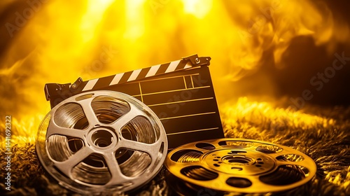 vintage film reels and clapperboard with dramatic golden light in cinematic movie production scene

