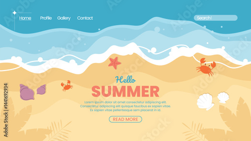 Cartoon Beach Scene with Crabs, Shells, and Starfish in Flat Style