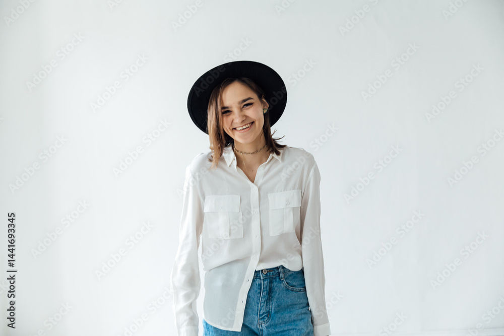 Beautiful Fashion Woman Smiling on Light Background Portrait Beautiful Fashion Woman Smiling on Light Background Portrait