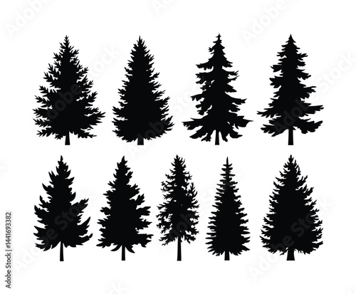 Christmas Fir Tree Silhouette Set Vector Illustration