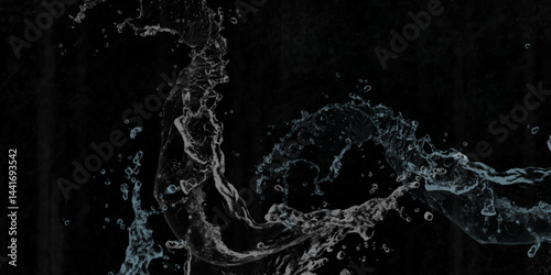 water splash on black background. water splash black background backdrop fresh. Blue water splash isolated on black background.  3D illustration. Blurred images of close-up soda water bubbles . .