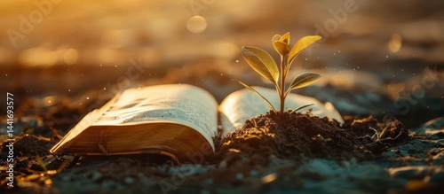 young green plant growing from soil on open book with warm sunlight and blurred background symbolizing growth and knowledge