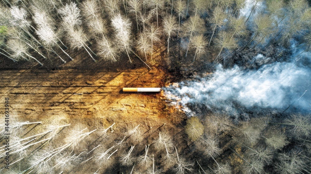 Forest Destruction Depicted as a Cigarette Filter With Smoke Rising and Earth Damage Evident