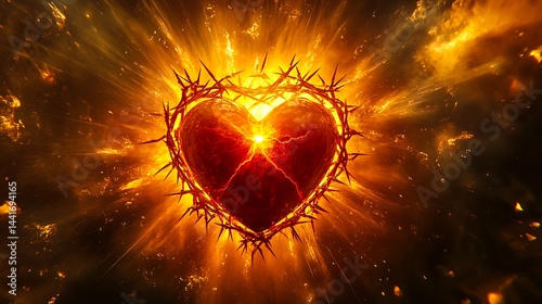 burning sacred heart surrounded by crown of thorns glowing in dramatic fiery light


