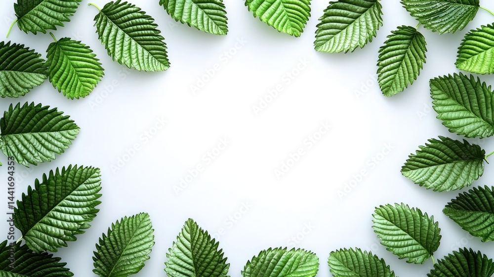 Green Leaves Frame, isolated on white background, minimalist style, space for text.