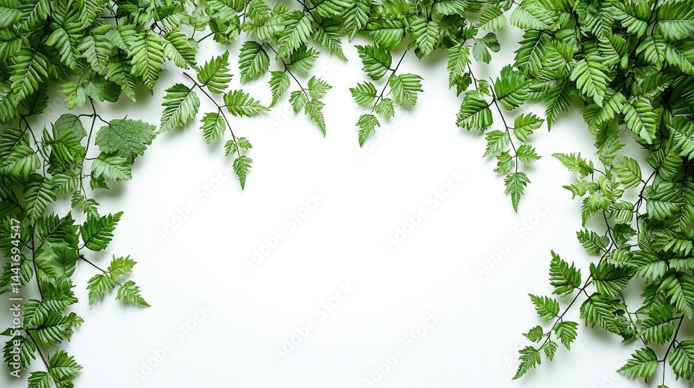 Green Leaves Frame, isolated on white background, minimalist style, space for text.